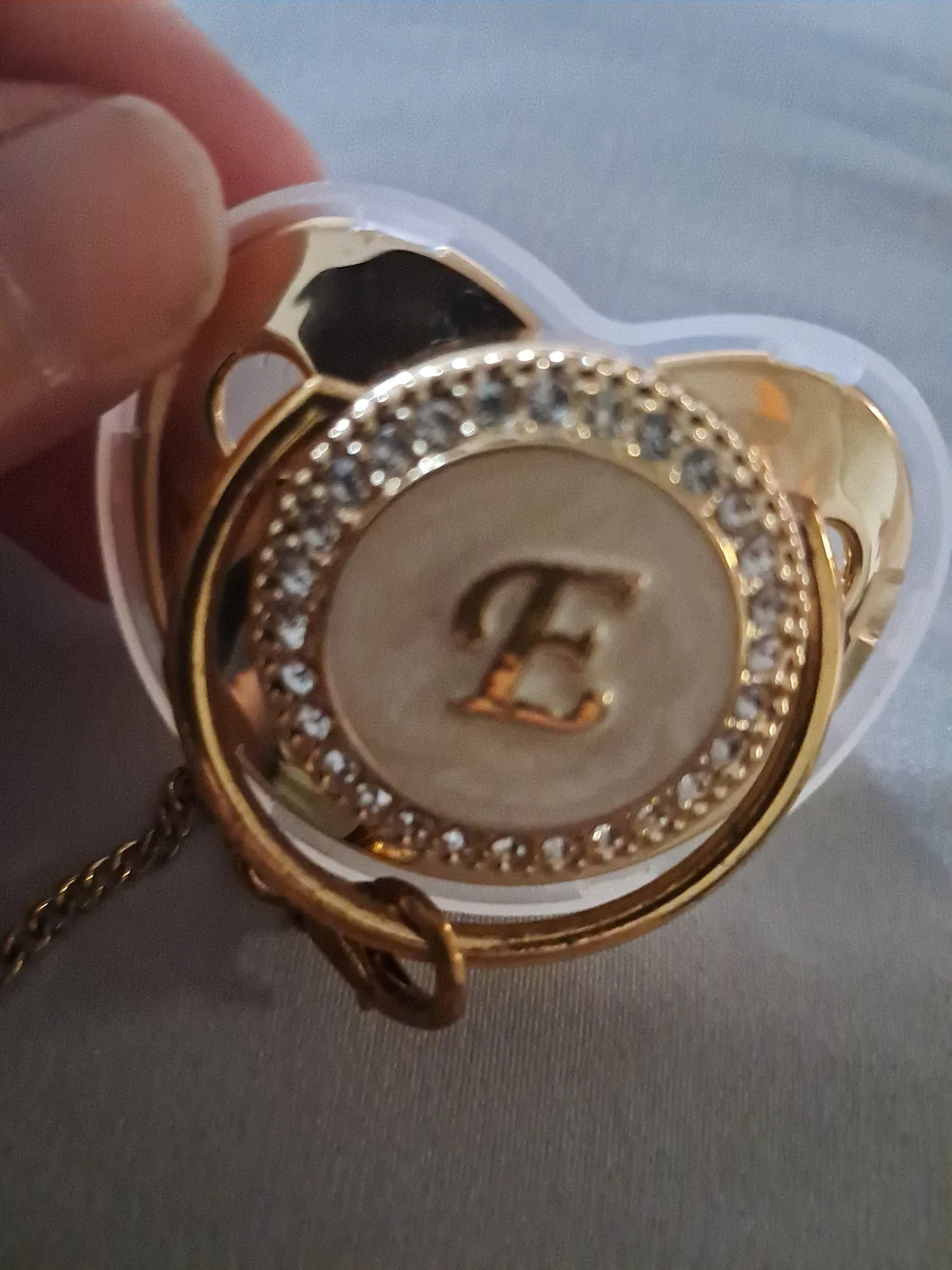 Gold Rhinestone Pacifier Clip with Initial E Charm